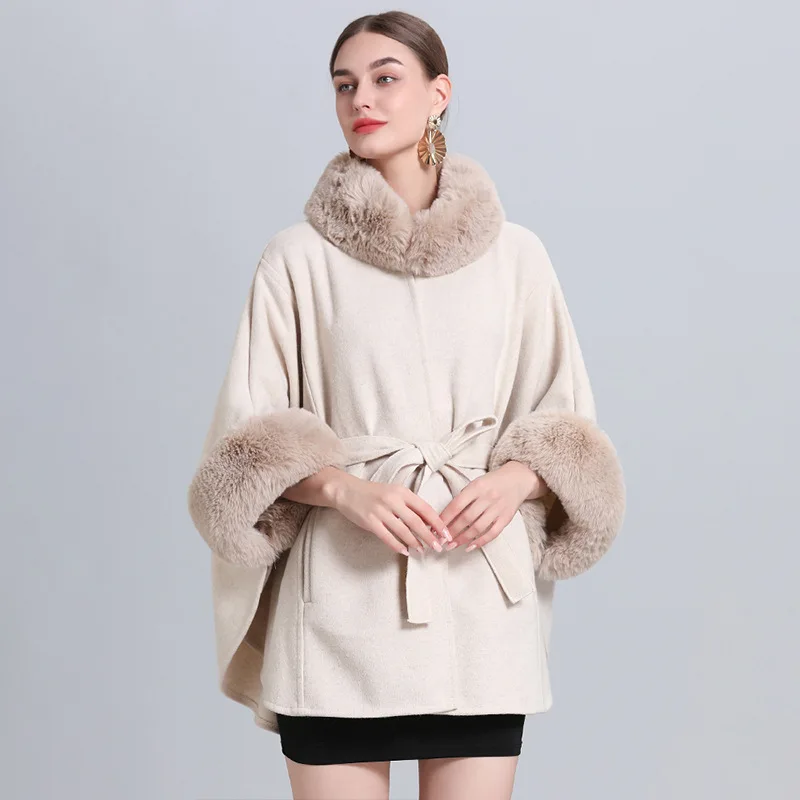 

8 Colors Women Autumn Winter Cardigan Cape Woolen Batwing Sleeves Long Poncho Cloak Faux Rabbit Fur Loose Overcoat With Belt