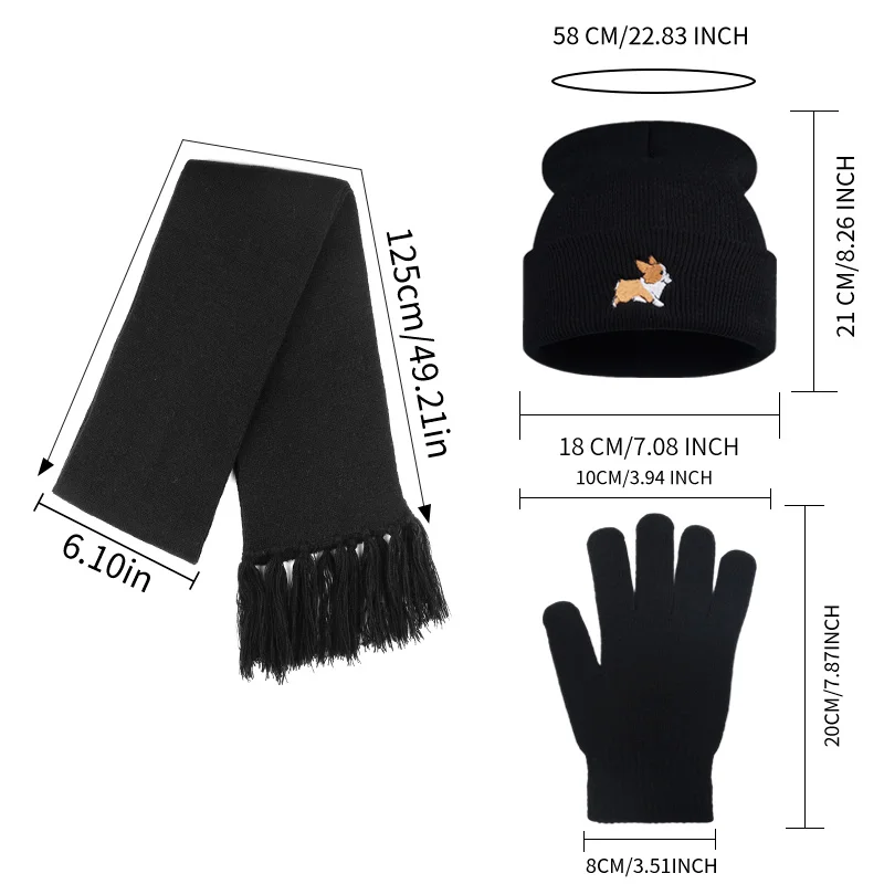 【3Pcs Knit Beanie Scarf Gloves Set】Adult Corgi Embroidery Knit Hat, Winter Outdoor, Pet Lover Daily Casual Gift