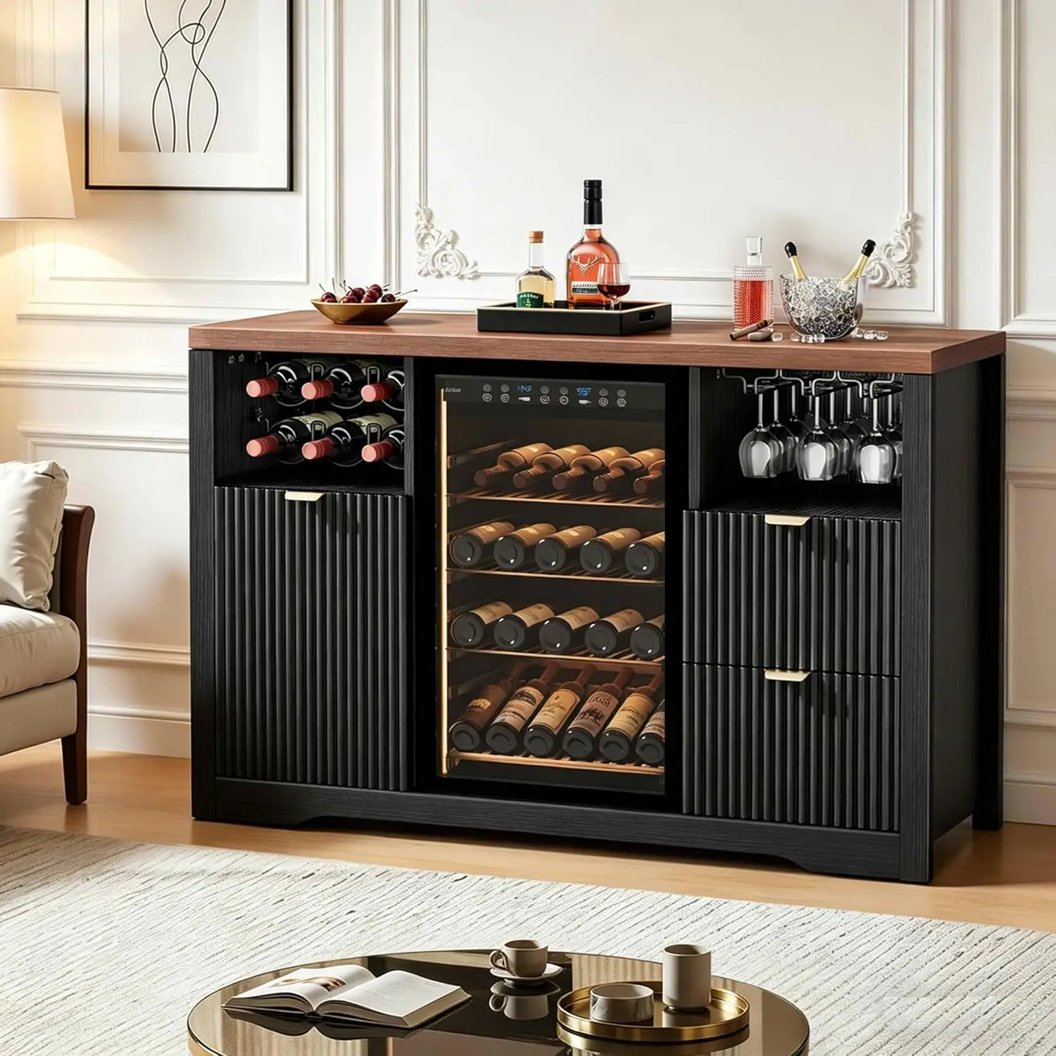 Coffee Bar Cabinet with Fridge Space, 53" L Kitchen Wine Cabinets with Storage Drawer, Wood Buffet Sideboard Tables, Customized