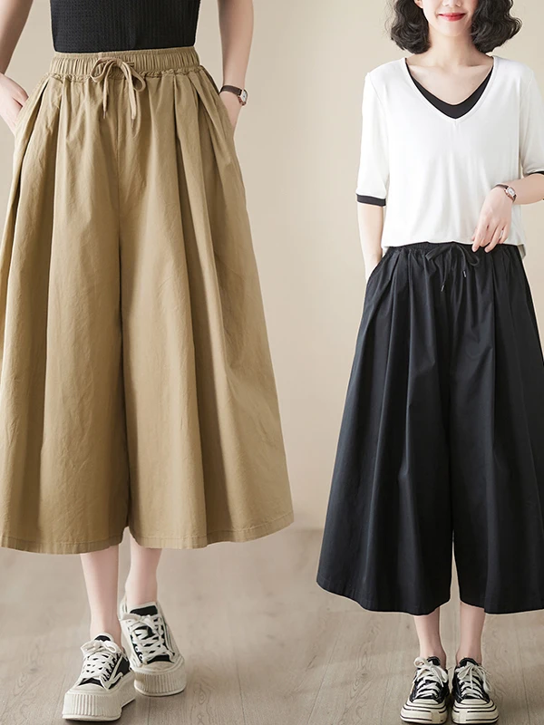 

Свободные широкие брюки на семь футов, женские тонкие повседневные брюки с эластичной резинкой на талии, однотонные универсальные корейские летние брюки с высокой талией