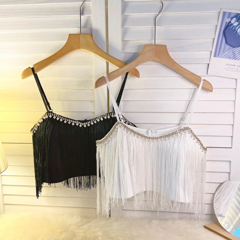 

Chic tassel beaded short navel camisole women sexy wear spicy street top high waist all-match top trendy