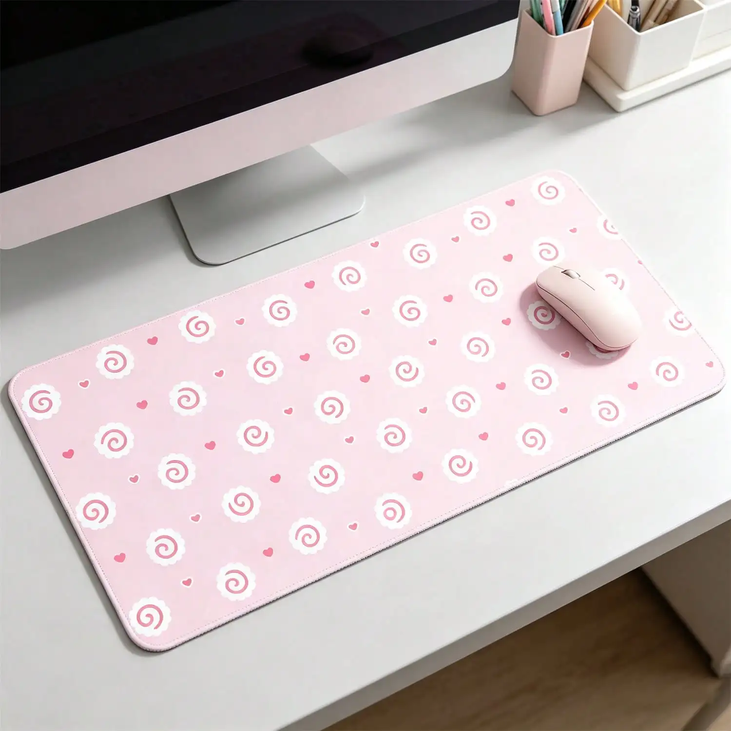 Pink Polka Dot Fish Egg Cute Style Non-Slip Rubber Extra Large Mouse Pad Desk Mat Full Screen Protection Pad