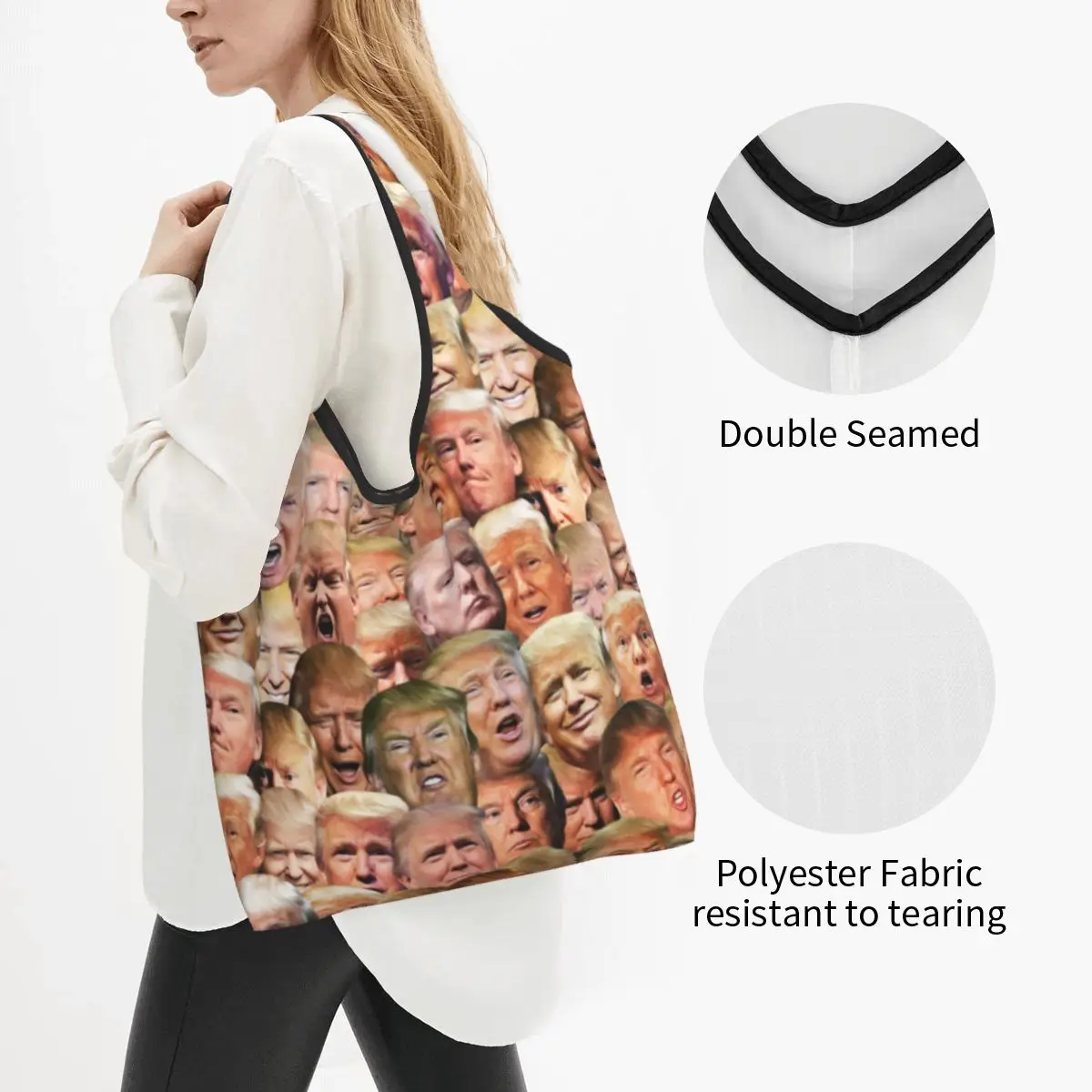 Fashion Custom Trump Meme Collage Shopping Tote Bag Portable American Presidential Trump Groceries Shopper Shoulder Bag