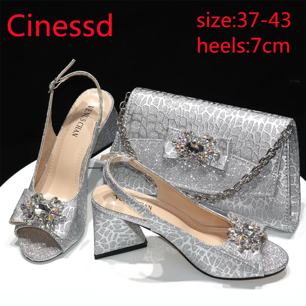 Gold Fashion New Arrivals 2024 Spring Summer Design Italian Women Shoes Matching Bag Set with Shinning Crystal for Party