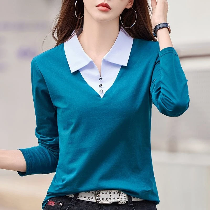 

2026 весенне-осенняя женская рубашка из чистого хлопка с длинным рукавом и воротником, свободная посадка, повседневная модная блузка контрастного цвета, топ