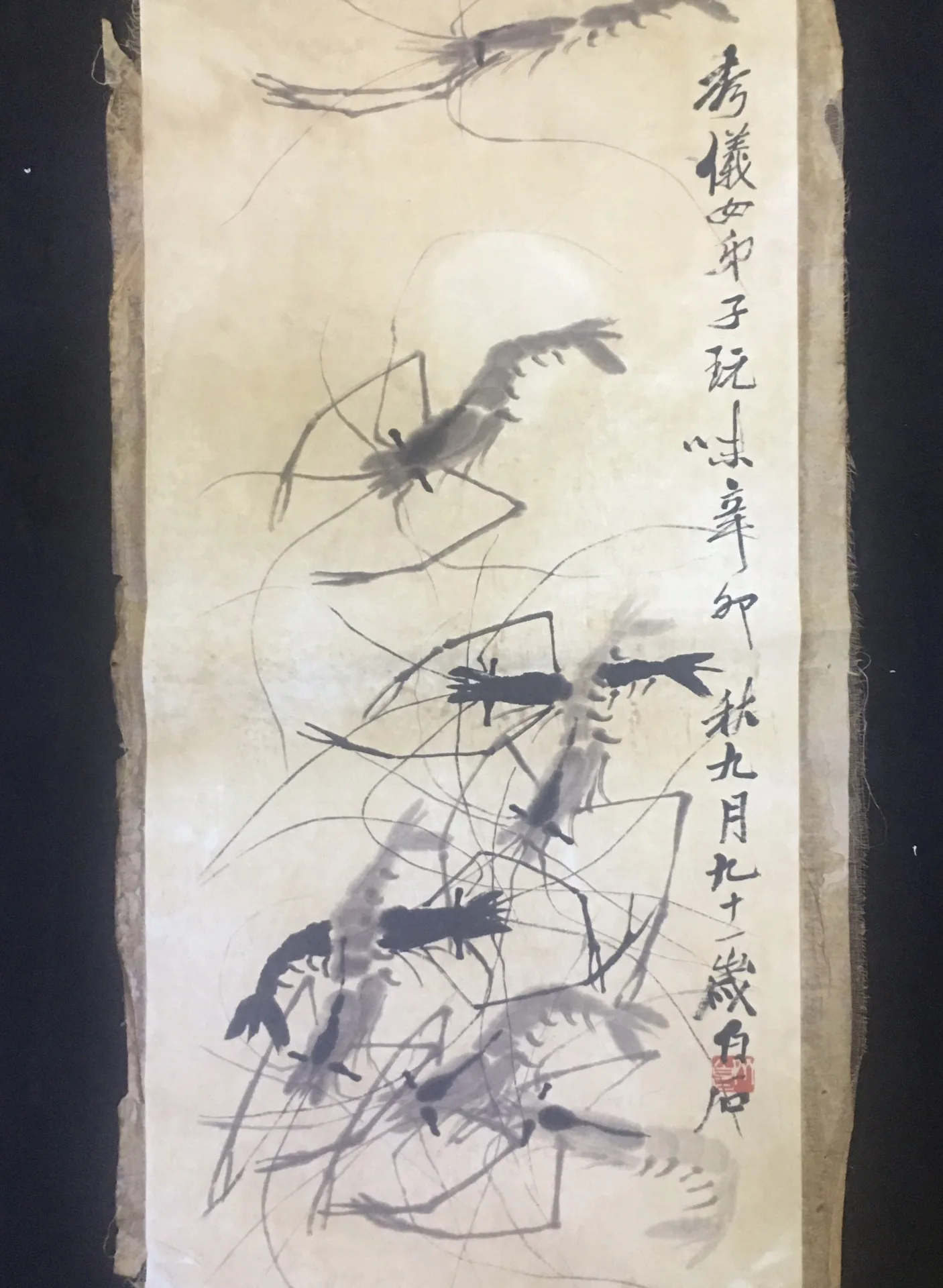 

Old Chinese calligraphy Scroll painting Hand Painted“Qi Baishi shrimp" Slice