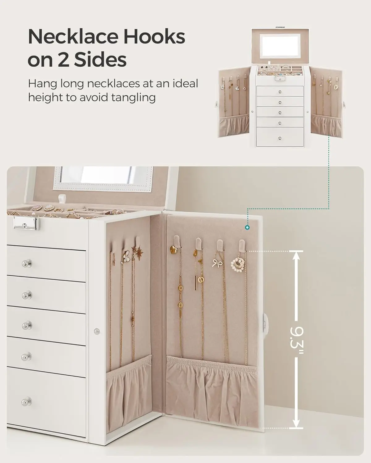 Joyero de 6 niveles, organizador de almacenamiento de joyas con 5 cajones, gran capacidad de almacenamiento, con espejo, con cerradura