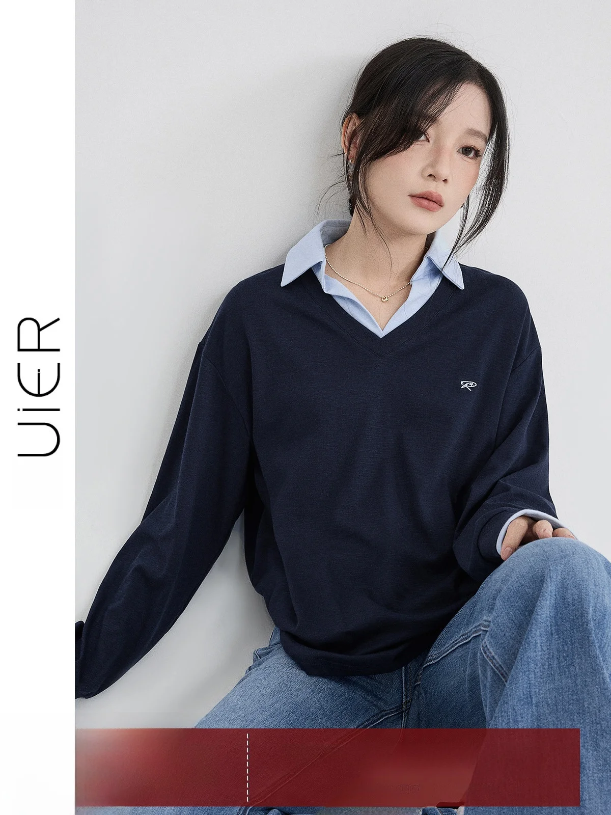 

Женская толстовка Guier Casual Loose: новая весенняя модель с эффектом двухслойности, утягивающий топ с длинными рукавами и капюшоном