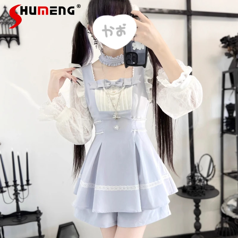 

Japanese Sweet SC Mass-Produced Lace Sleeves Top Dress Shorts Two Pieces Set Lolita Outfit Water Pink Black 2 Colors Available