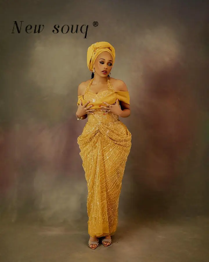 Gold Halter Neck Off Shoulder Beaded Evening Dresses Customized Asoebi 2025 Nigerian African Traditional Formal Wedding Gowns