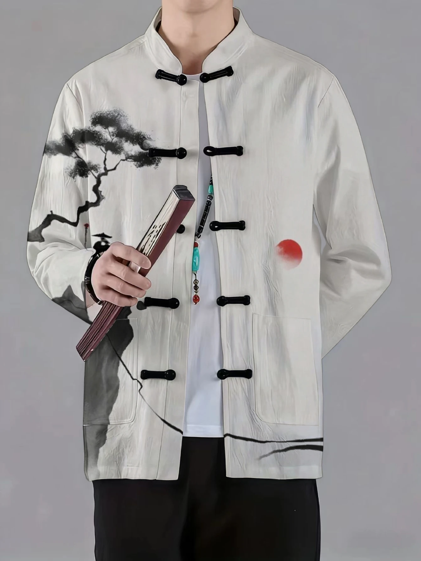 Men Men Mandarin Collar Frog Button Jacket Ink Wash Landscape Oriental Print Traditional Outerwear - Aliexpress Deal