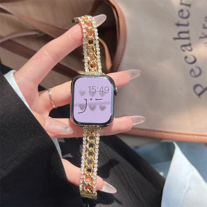 Luxury Glitter Drill Metal Strap For Apple Watch Band Ultra 2 49mm 45/44mm 42 38 40 41mm Woman Wrist Chain iwatch 9 8 7 6 SE 5 4