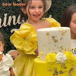 Bear Leader Girl's Yellow Flower Princess Dress Birthday Party Ball One Neck Collar Pleated Dresses Summer Gown for Kids
