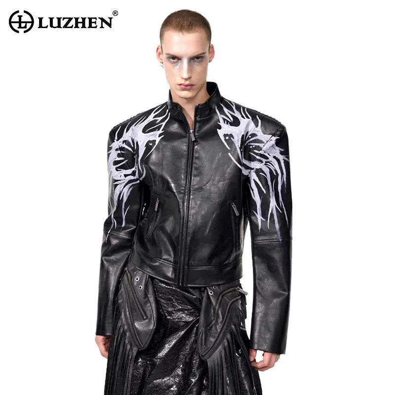 

LUZHEN Fashion Original Pattern Printed Stand Neck Motorcycles Leather Jacket Men's Streetwear 2025 New Stylish Clothes JY3921