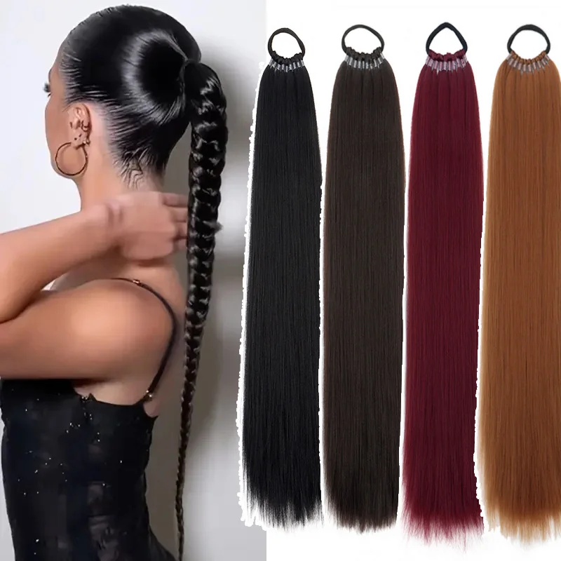 22Inch Synthetic Long Straight Ponytail Hair Extension Elastic Band Braided Ponytail Black Red Hairpiece for Women