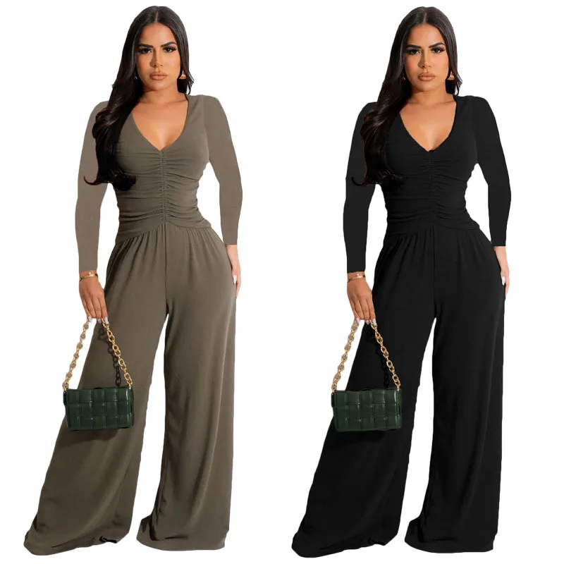 

Elegant Women Jumpsuits Solid Long Sleeve Wide Leg Pants Rompers 2023 Fall Winter Workout Activewear Casual Plain One Pieces