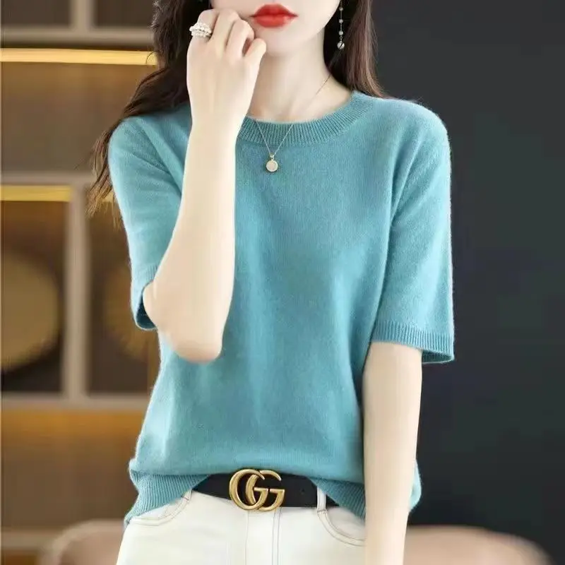 Women\'s Spring and Autumn New Fashion Elegant Solid Color Round Neck Casual Versatile Short Sleeve Loose Sweater Knitted Tops