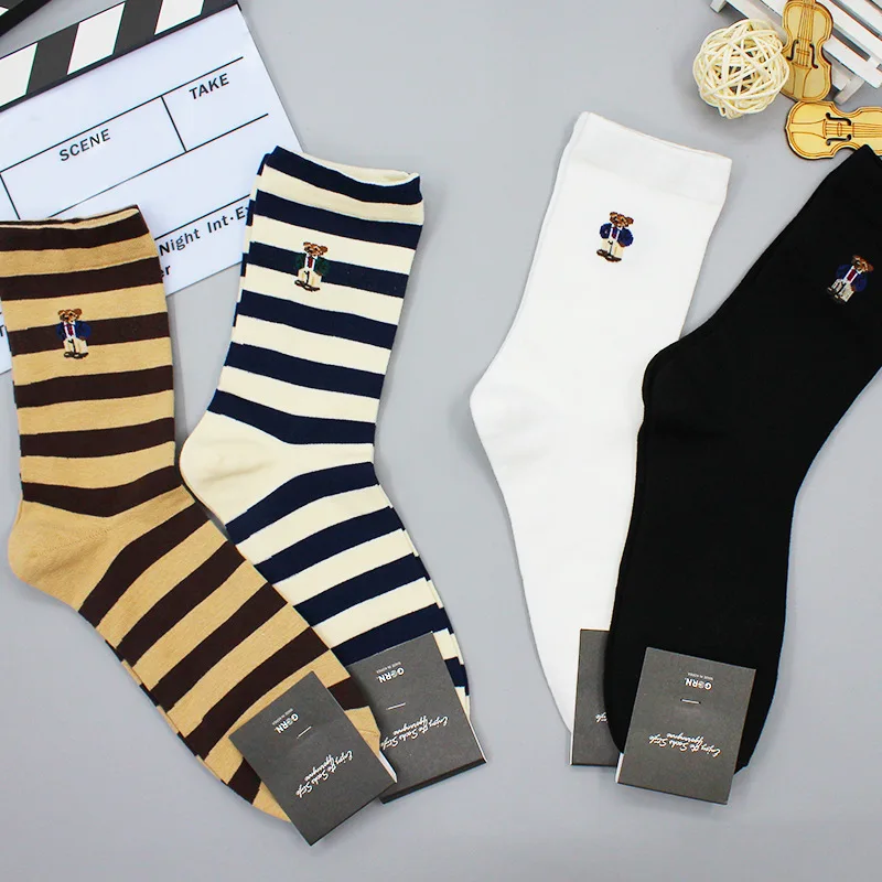 Stripes Soft Breathable Cartoon Gentleman Bear Men's  and women Socks Cotton Harajuku Socks Christmas Gift Casual Designer socks