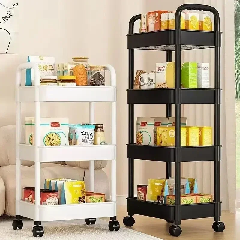 3/4 Layers Mobile Storage Rack Plastic Rolling Utility Cart Kitchen Bathroom Bedroom Storage Rack with Wheels Movable Bookshelf