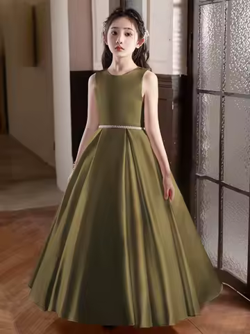Female Teenager Military Green Long Dress Birthday Party Wedding Evening Dress Big Bow Bridesmaid Dress