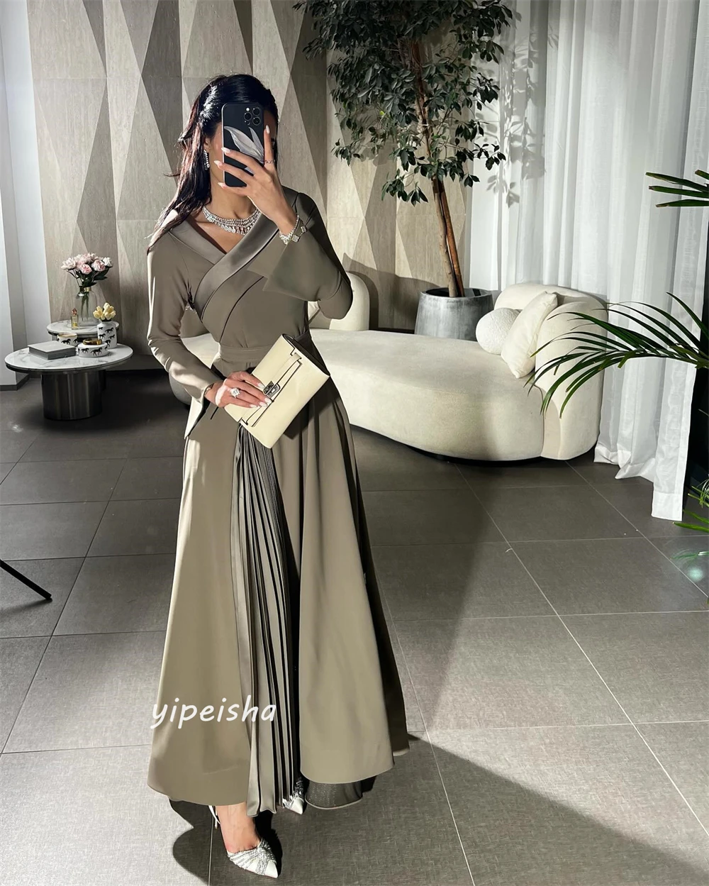 Sparkle Exquisite  Customized Jersey Ruched Prom A-line V-neck Bespoke Occasion Gown Midi Dresses