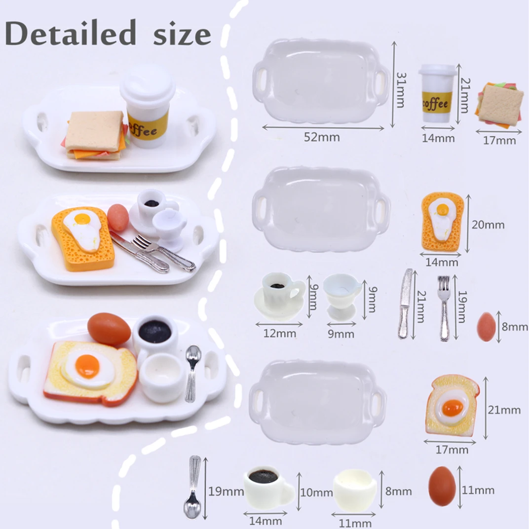 Dollhouse Miniature Breakfast Hamburger Croissant Butter Bread Toast Milk Egg Coffee Knife Fork Spoons with Tray Kitchen Food