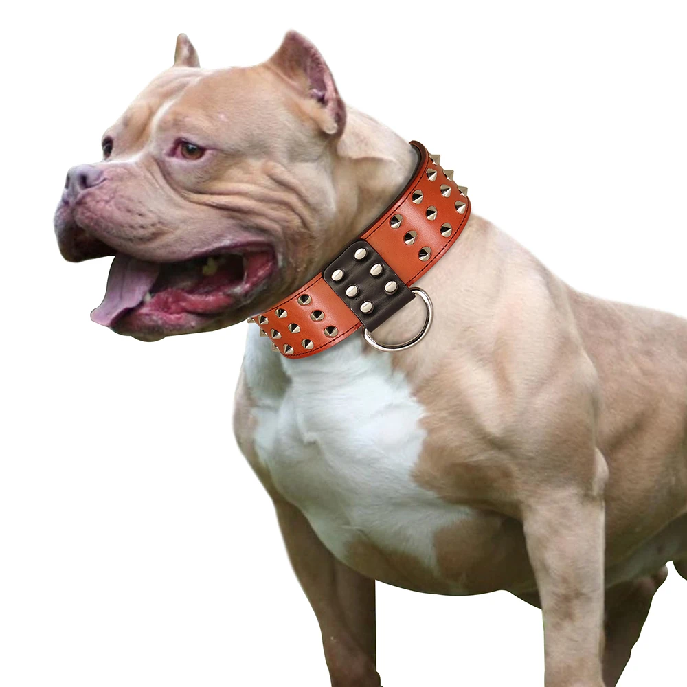 Spiked Studded Dog Collar Real Leather Dog Collars Necklace Rivets Pet Necklaces Adjustable For Medium Large Dogs Pitbull