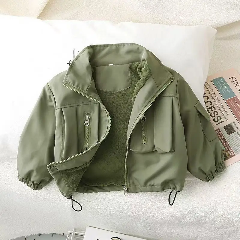 

Boys Jacket Spring and Autumn 2026 New Children's Work Jacket Green Velvet Splicing Korean Coat Kids Baby Casual Jacket