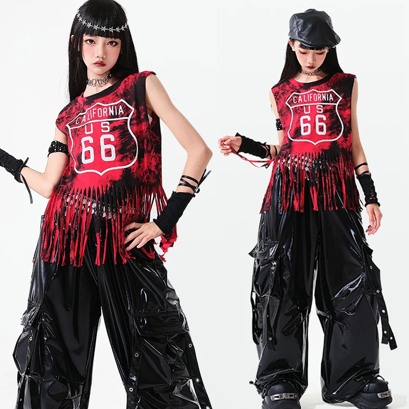 

2025 New Jazz Dance Costume Children Stage Performance Suit Red Top Bright Black Pants Hip Hop Set Kpop Dance Costume AMY2234