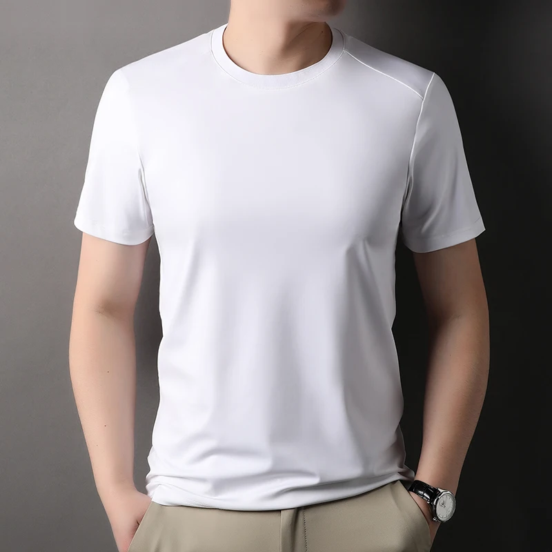 High quality solid color round neck men\'s short sleeved T-shirt 2024 summer comfortable silk ice feeling casual business