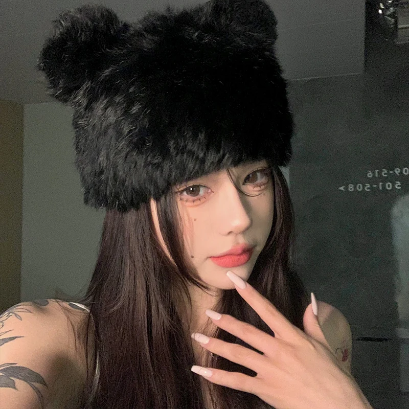 Korean Black Bear Ears Rabbit Fur Hat Cute Plush Wrap Head Cap Cold Warm Fur Caps