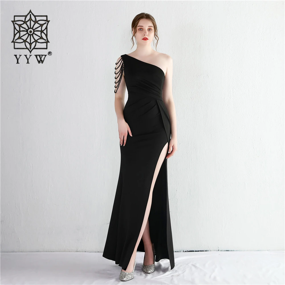 2022 Mermaid Long Evening Dress High Slit Vestido De Noche Vintage Beading Evening Dresses Asymmetric Sleeves Green Party Gown