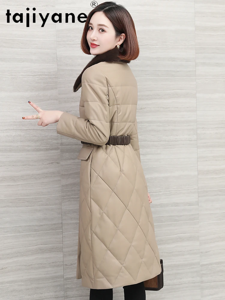 TAJIYANE 100 % Echtes Schaffell Daunenmantel Frau Echtes Leder Lange Schlanke Pufferjacke mit Nerz Pelzkragen 2025 Winterkleidung