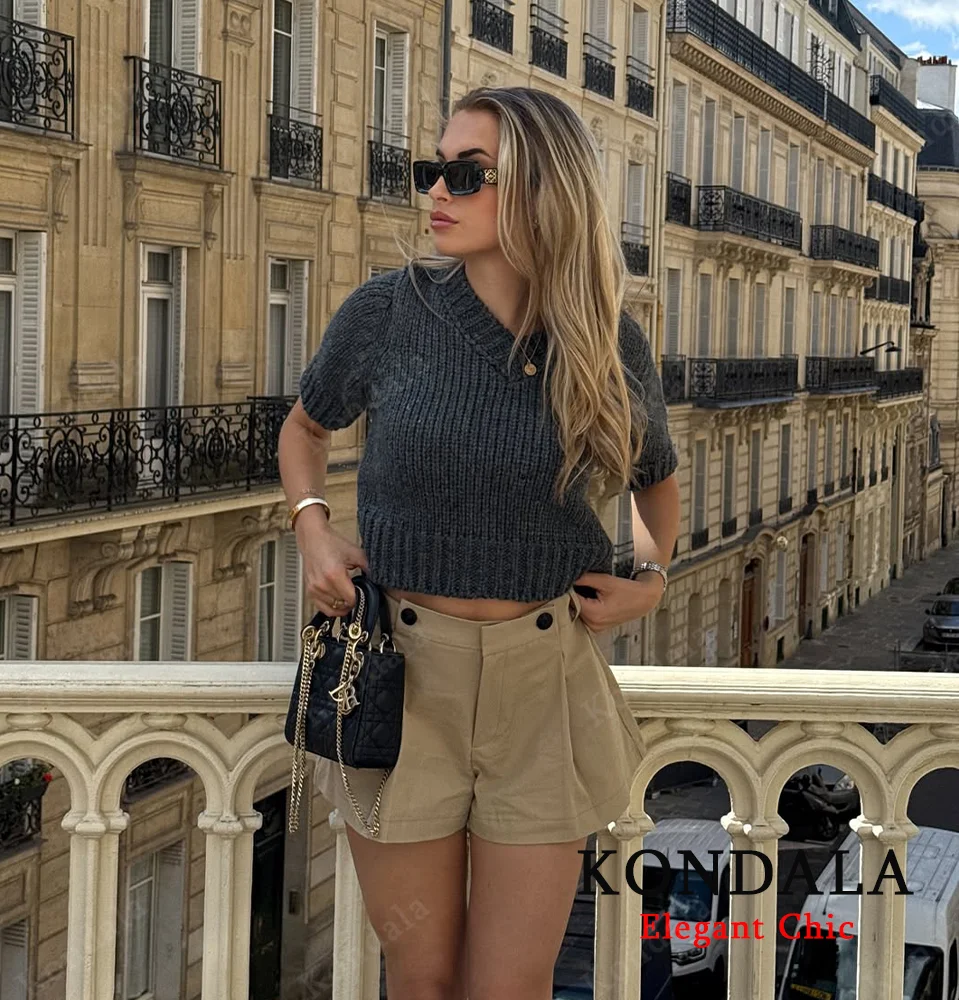 KONDALA Damski Sweter Casual Chic z Dekoltem w Serek, Krótki Rękaw, Dopasowany Sweter Dzianinowy, Modny Sweter na Jesień 2025, Elegancki Sweter Damski