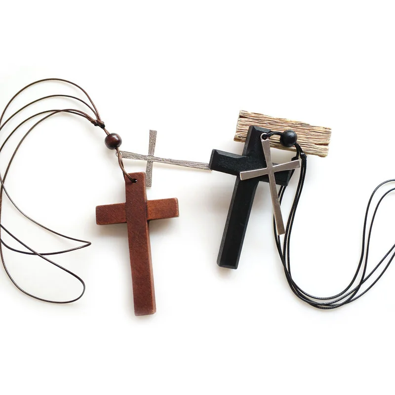 Big Wooden Cross Pendant Rope Choker Chain Necklace For Men Women Black Brown