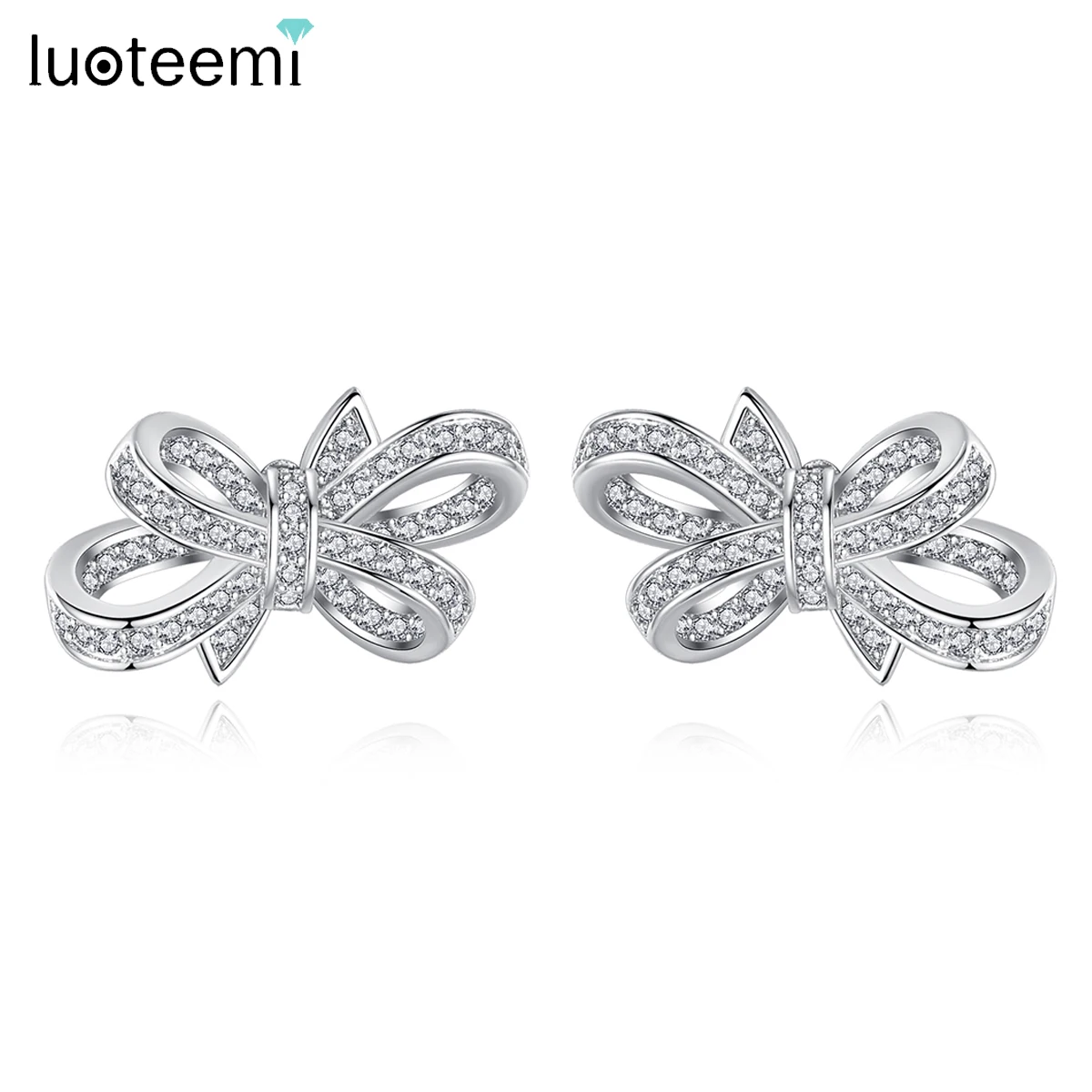 LUOTEEMI Romantic Bow-knot AAA Clear Cubic Zircon Stud Earrings for Women Bridals Wedding Cute Jewelry Fashion Christmas Gift