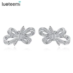 LUOTEEMI Romantic Bow-knot AAA Clear Cubic Zircon Stud Earrings for Women Bridals Wedding Cute Jewelry Fashion Christmas Gift