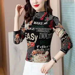 Office Lady Letter Printing Long Sleeve Women's Clothing Pullover Half High Collar Plant&Flowers T-shirt Spring Autumn Tops
