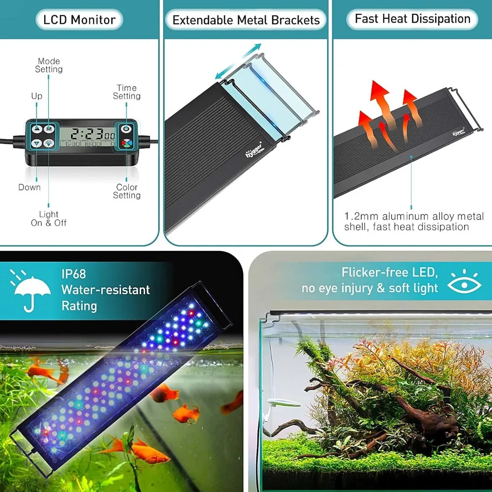 hygger Auto On Off LED Aquarium Light, Full Spectrum Fish Tank Light with LCD Monitor, 24/7 Lighting Cycle, 7 Colors, Adjustable