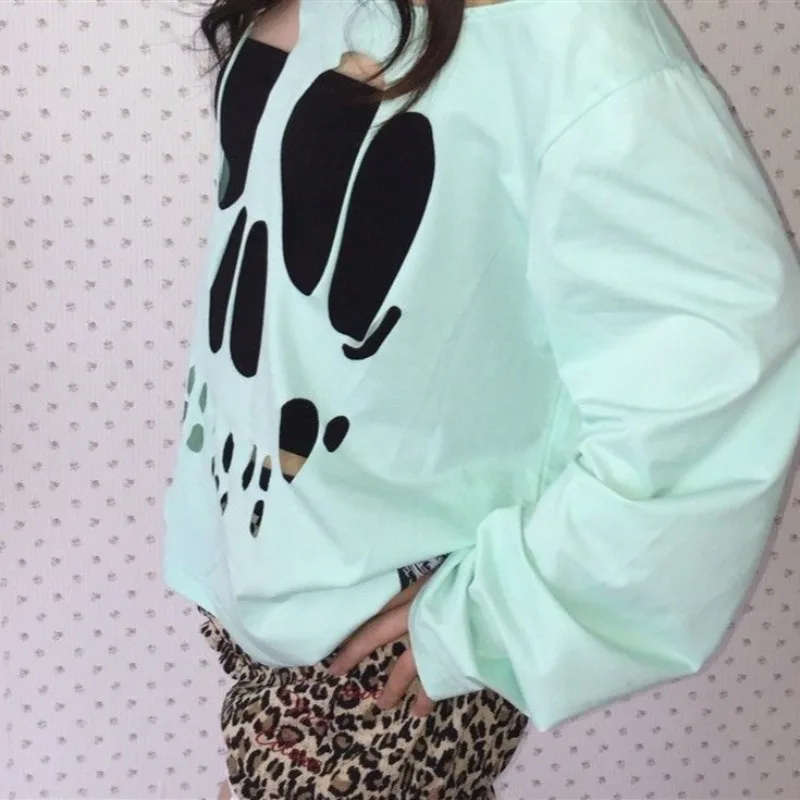 Kimutomo Women T Shirts Sexy Vintage Skulls Printed Hole Diagonal Collar Off Shoulder Long Sleeve Vintage Grunge Gothic Y2k - view 6
