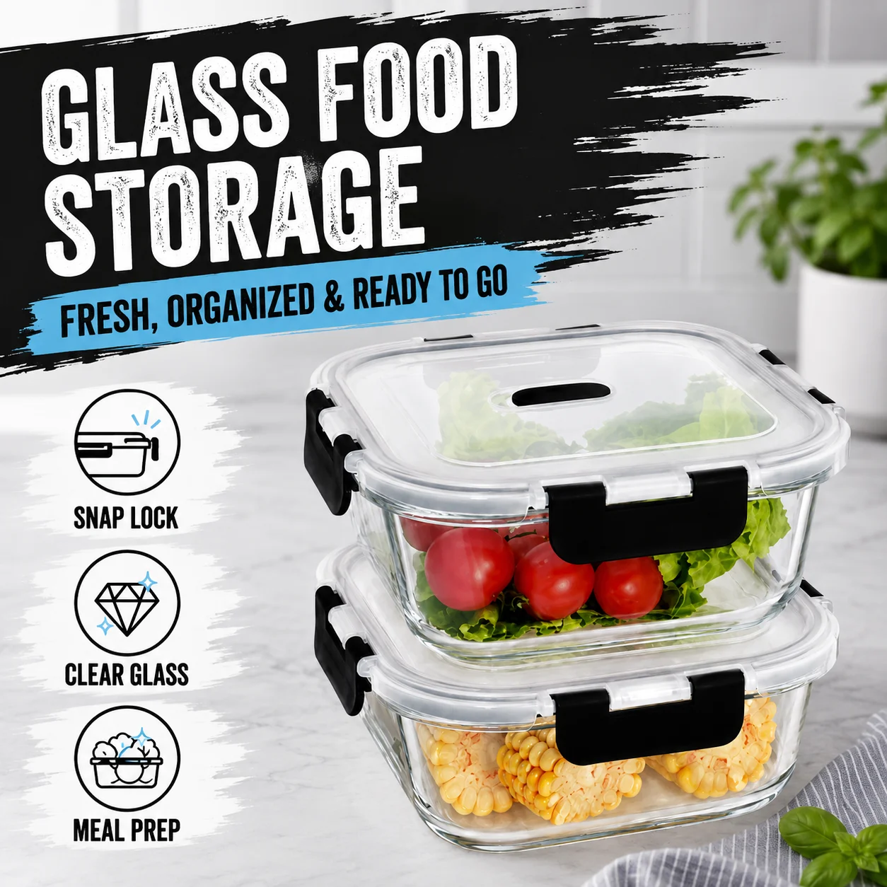 2er-Pack/3er-Pack/6er-Pack, 620 ml/640 ml/800 ml/1040 ml/1520 ml Glas-Lebensmittelbehälter mit Deckeln, luftdicht, mikrowellen- und kühlschranksicher, Behälter für die Essenszubereitung