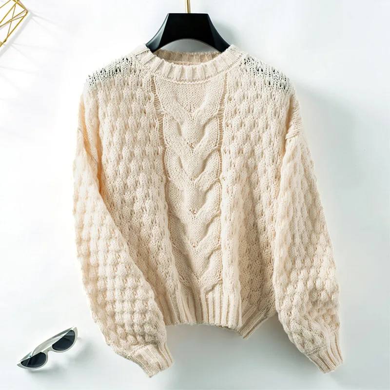 

New In 2024 Autumn Winter Twisted Knit Sweater Women Streetwear Fashion Hollow Out Loose O-Neck Pullovers Solid Color Clothing