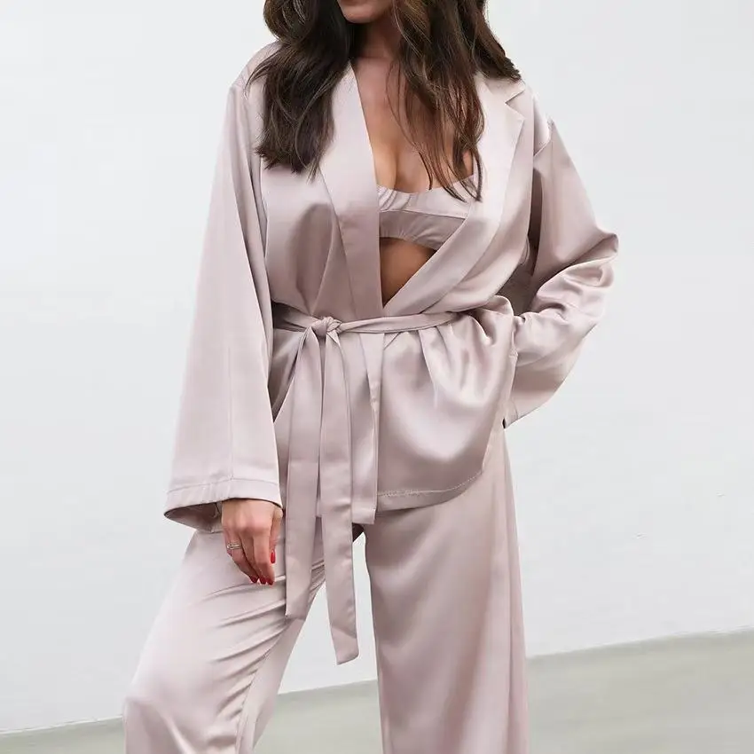 

Silk Satin Spwear Tee Piece Set Long Sve Underwear Pants Home Clothes V-Ne Belted Casual Autumn Collection Women