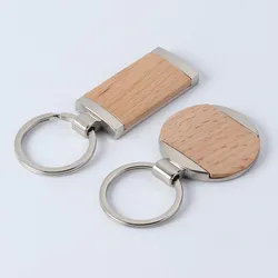 High Quality Zinc Alloy Splice Wood Keyring Fashion Cute Blank Round Wooden Key Chains Personality Rectangular Keychain Pendant