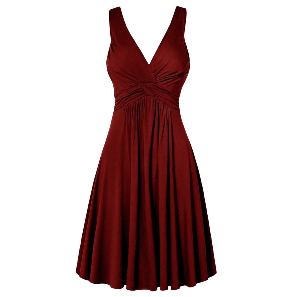 Women Solid Color Deep V-Neck Lady Retro Backless Sling Pleated Dress Female Spaghetti Strap Slim Fit Flare Skirt Dresse