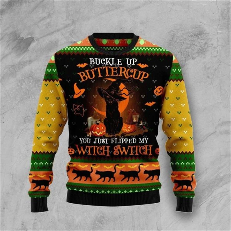 Funny Cat Graphic Ugly Christmas Sweatshirt For Men Fashion Autumn Long Sleeve 3D Printed Xmas Sweater Casual Oversized Pullover