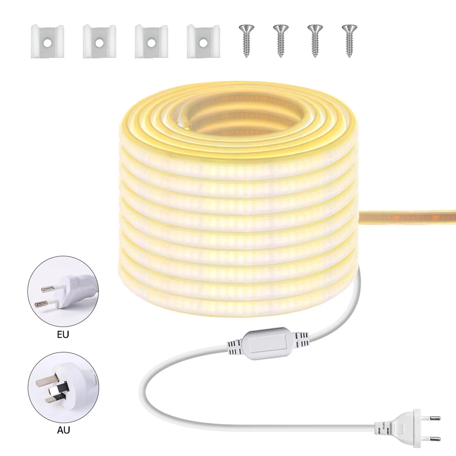 Cuttable 220V COB LED Strip Light 288LEDs/m IP65 Waterproof with EU/AU Power Plug for Indoor Ourdoor Lighting Decor 0.5m-30m