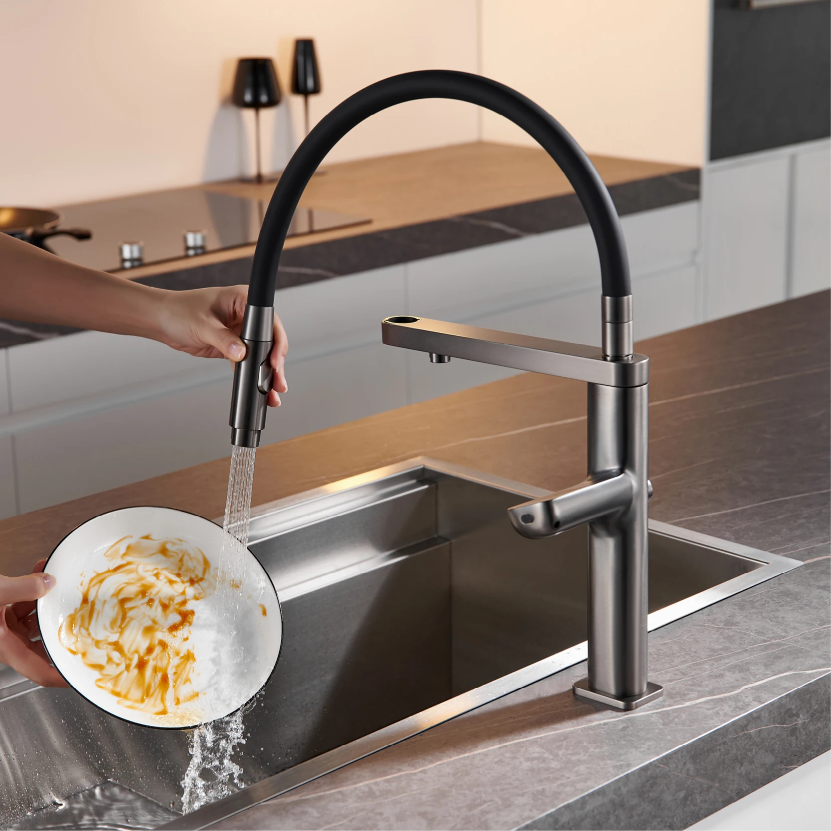 Grifo de cocina gris de lujo con pantalla digital táctil inteligente, diseño de doble control, filtro de agua fría y caliente, detección de agua,