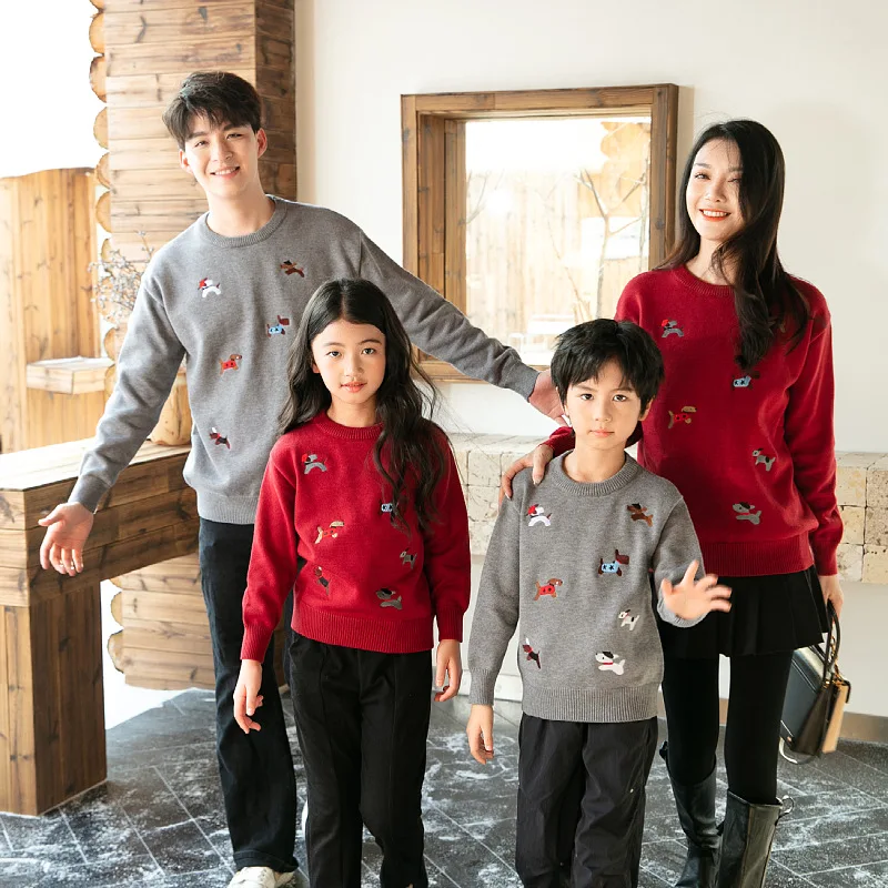 Family Matching Sweater Embroidery Round Neck Long Sleeve Knit Top for Parents Kids Baby Couples Outfit Toddler Infant Romper