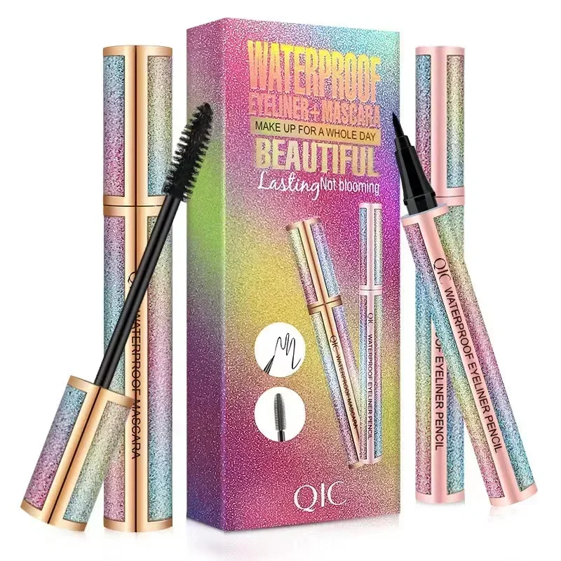 QIC 별이 빛나는 하늘 마스카라 두꺼운 곱슬 길어지는 마스카라 방수 지속 페이딩 없음 빠른 건조 아이 라이너 펜 직업 아이 메이크업